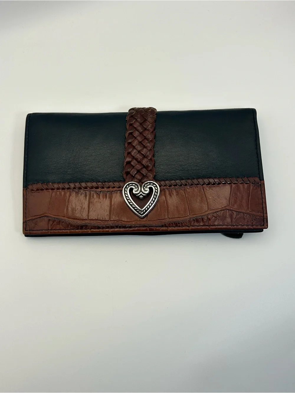 Brighton Two-tone Leather Braided Wallet Black Brown Silver Plated Heart Vintage
